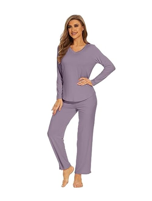 WiWi Pajamas for Women Bamboo Viscose Long Sleeve Sleepwear with Pants Set Soft Casual Pj Warm Lounge Sets S-XXL