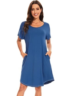 Bamboo Viscose Nightgowns for Women Soft Short Sleeve Night Gowns Sleep Shirt Sleepwear Dress with Pockets S-XXL