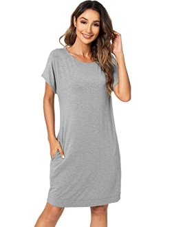 Bamboo Viscose Nightgowns for Women Soft Short Sleeve Night Gowns Sleep Shirt Sleepwear Dress with Pockets S-XXL