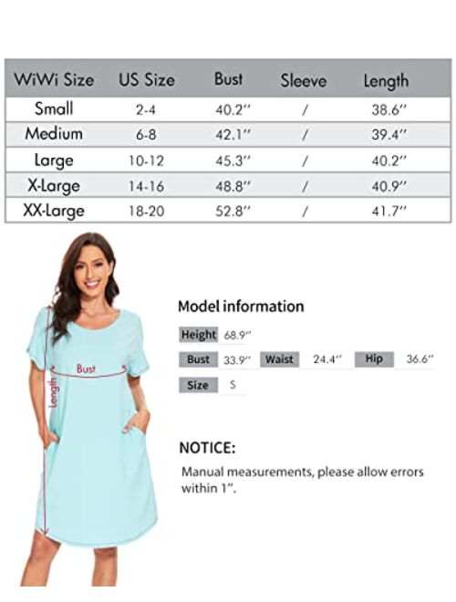 WiWi Bamboo Viscose Nightgowns for Women Soft Short Sleeve Night Gowns Sleep Shirt Sleepwear Dress with Pockets S-XXL