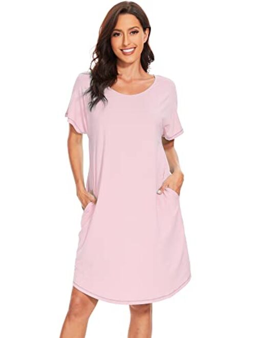 WiWi Bamboo Viscose Nightgowns for Women Soft Short Sleeve Night Gowns Sleep Shirt Sleepwear Dress with Pockets S-XXL