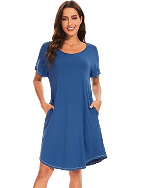 WiWi Bamboo Viscose Nightgowns for Women Soft Short Sleeve Night Gowns Sleep Shirt Sleepwear Dress with Pockets S-XXL