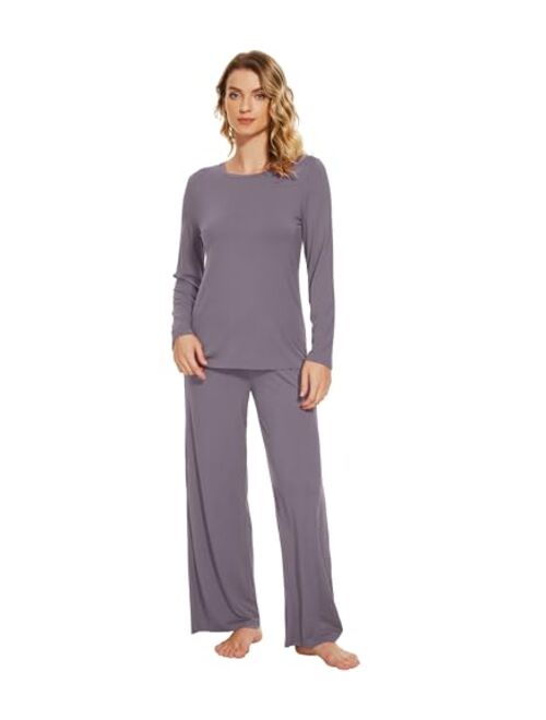 WiWi Soft Pajama Set for Women Bamboo Viscose Long Sleeve with Pants Loungewear 2 Piece Pj Sets Sleepwear Pjs S-XXL