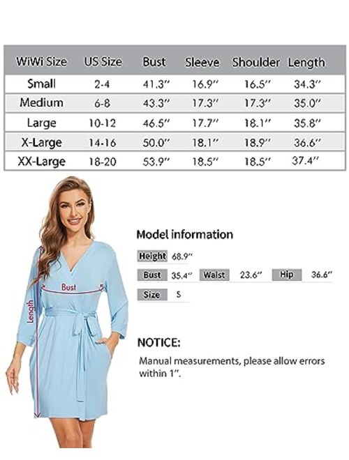 WiWi Women's Bamboo Viscose Robes Soft 3/4 Sleeve Kimono Bathrobe Maternity Robe Lightweight Casual Sleepwear S-XXL