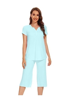 Pajamas for Women Bamboo Viscose Pajama Sets Soft Short Sleeve Pjs with Capri Pants 2 Piece Comfy Loungewear S-XXL