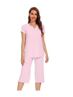 Pajamas for Women Bamboo Viscose Pajama Sets Soft Short Sleeve Pjs with Capri Pants 2 Piece Comfy Loungewear S-XXL