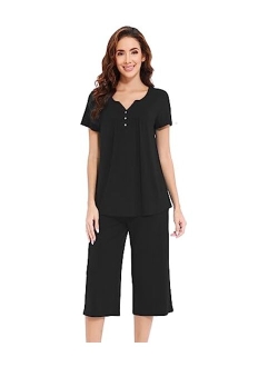 Pajamas for Women Bamboo Viscose Pajama Sets Soft Short Sleeve Pjs with Capri Pants 2 Piece Comfy Loungewear S-XXL