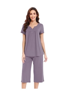 Pajamas for Women Bamboo Viscose Pajama Sets Soft Short Sleeve Pjs with Capri Pants 2 Piece Comfy Loungewear S-XXL