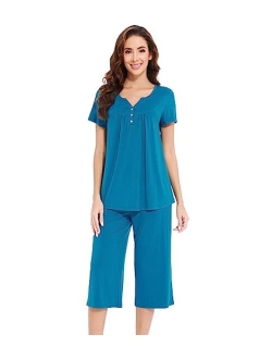 Pajamas for Women Bamboo Viscose Pajama Sets Soft Short Sleeve Pjs with Capri Pants 2 Piece Comfy Loungewear S-XXL