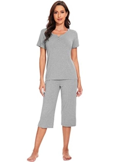 Pajamas for Women Bamboo Viscose Pajama Sets Soft Short Sleeve Pjs with Capri Pants 2 Piece Comfy Loungewear S-XXL