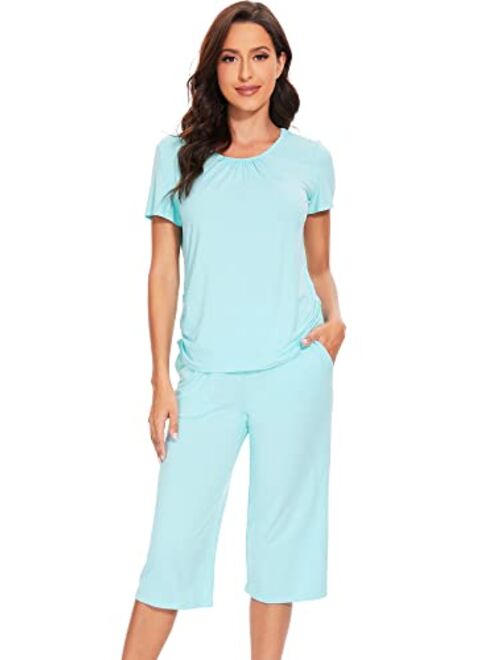 WiWi Pajamas for Women Bamboo Viscose Pajama Sets Soft Short Sleeve Pjs with Capri Pants 2 Piece Comfy Loungewear S-XXL