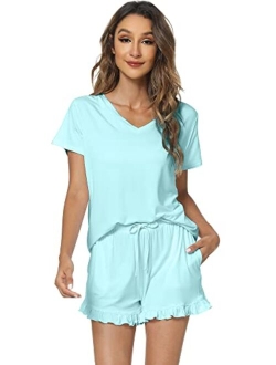 Womens Bamboo Viscose Pajamas Set Soft Short Sleeve Top and Ruffle Shorts Sleepwear 2 Piece Pjs Lounge Sets S-XXL