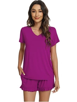 Womens Bamboo Viscose Pajamas Set Soft Short Sleeve Top and Ruffle Shorts Sleepwear 2 Piece Pjs Lounge Sets S-XXL