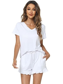 Womens Bamboo Viscose Pajamas Set Soft Short Sleeve Top and Ruffle Shorts Sleepwear 2 Piece Pjs Lounge Sets S-XXL