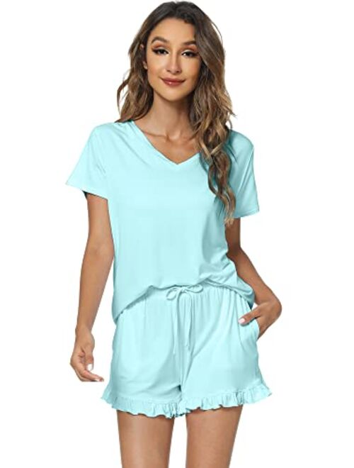 WiWi Womens Bamboo Viscose Pajamas Set Soft Short Sleeve Top and Ruffle Shorts Sleepwear 2 Piece Pjs Lounge Sets S-XXL