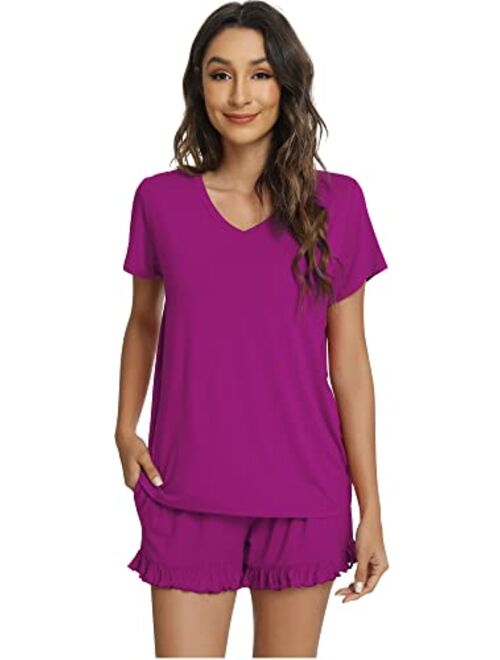 WiWi Womens Bamboo Viscose Pajamas Set Soft Short Sleeve Top and Ruffle Shorts Sleepwear 2 Piece Pjs Lounge Sets S-XXL