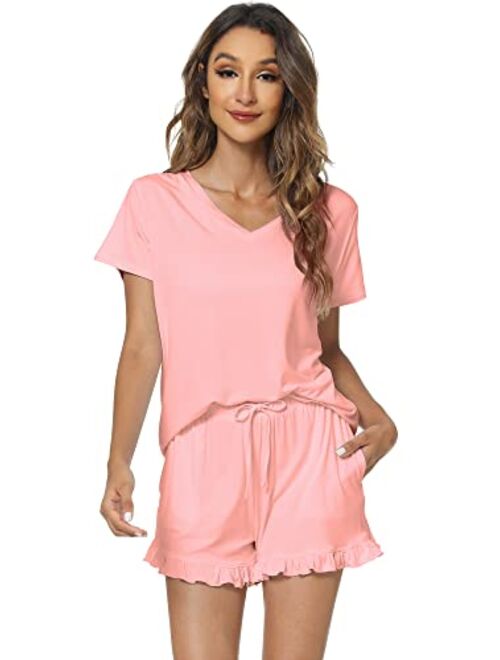 WiWi Womens Bamboo Viscose Pajamas Set Soft Short Sleeve Top and Ruffle Shorts Sleepwear 2 Piece Pjs Lounge Sets S-XXL