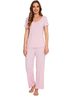 Bamboo Viscose Pajamas for Women Soft Short Sleeve Pajama Sets with Pants Lightweight 2 Piece Loungewear Pjs Set S-XXL