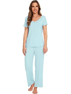 Bamboo Viscose Pajamas for Women Soft Short Sleeve Pajama Sets with Pants Lightweight 2 Piece Loungewear Pjs Set S-XXL