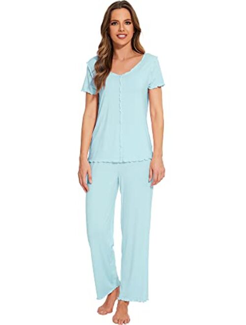 WiWi Bamboo Viscose Pajamas for Women Soft Short Sleeve Pajama Sets with Pants Lightweight 2 Piece Loungewear Pjs Set S-XXL