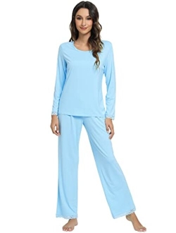 Soft Pajamas Sets for Women Bamboo Viscose Long Sleeve Sleepwear and Pants Pjs Lounge Set Loungewear S-XXL