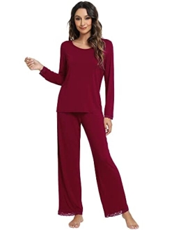 Soft Pajamas Sets for Women Bamboo Viscose Long Sleeve Sleepwear and Pants Pjs Lounge Set Loungewear S-XXL