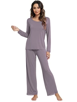 Soft Pajamas Sets for Women Bamboo Viscose Long Sleeve Sleepwear and Pants Pjs Lounge Set Loungewear S-XXL