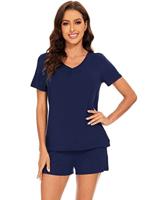 WiWi Bamboo Viscose Pajamas Set for Women Short Sleeve Top and Shorts Pjs Set Ladies Summer Cooling Sleepwear S-XXL