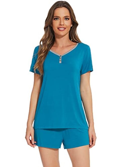 WiWi Bamboo Viscose Pajamas Set for Women Short Sleeve Top and Shorts Pjs Set Ladies Summer Cooling Sleepwear S-XXL