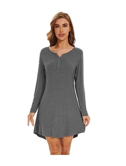 Women's Bamboo Viscose Nightgown Long Sleeve Nightshirt Soft Sleep Dress V-neck Loose Comfy Pajama Sleepwear S-XXL