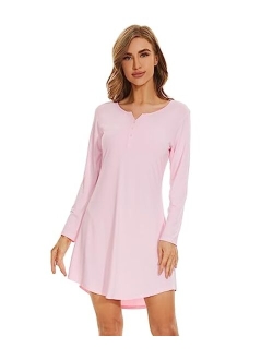 Women's Bamboo Viscose Nightgown Long Sleeve Nightshirt Soft Sleep Dress V-neck Loose Comfy Pajama Sleepwear S-XXL