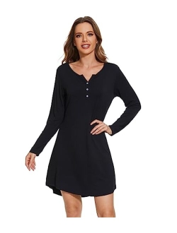 Women's Bamboo Viscose Nightgown Long Sleeve Nightshirt Soft Sleep Dress V-neck Loose Comfy Pajama Sleepwear S-XXL