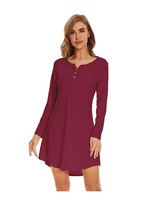 WiWi Women's Bamboo Viscose Nightgown Long Sleeve Nightshirt Soft Sleep Dress V-neck Loose Comfy Pajama Sleepwear S-XXL