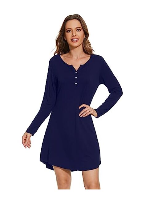 WiWi Women's Bamboo Viscose Nightgown Long Sleeve Nightshirt Soft Sleep Dress V-neck Loose Comfy Pajama Sleepwear S-XXL