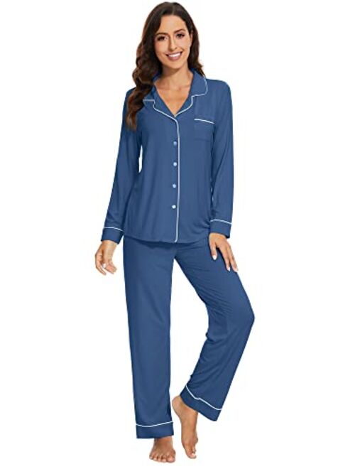 WiWi Bamboo Viscose Pajamas Set for Women Soft Comfy Button Down Sleepwear Plus Size Pj Lounge Sets Loungewear S-3X