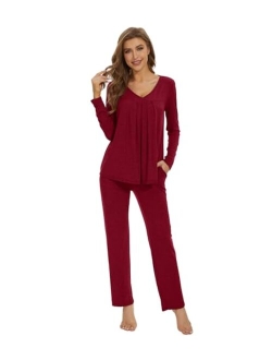 Women's Bamboo Viscose Pajamas Sets V-neck Pleated Front Sleepwear Soft Long Sleeve Knit Loungewear Set S-XXL