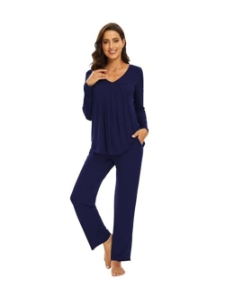 Women's Bamboo Viscose Pajamas Sets V-neck Pleated Front Sleepwear Soft Long Sleeve Knit Loungewear Set S-XXL