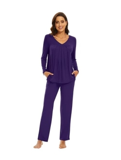 Women's Bamboo Viscose Pajamas Sets V-neck Pleated Front Sleepwear Soft Long Sleeve Knit Loungewear Set S-XXL