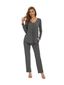 Women's Bamboo Viscose Pajamas Sets V-neck Pleated Front Sleepwear Soft Long Sleeve Knit Loungewear Set S-XXL