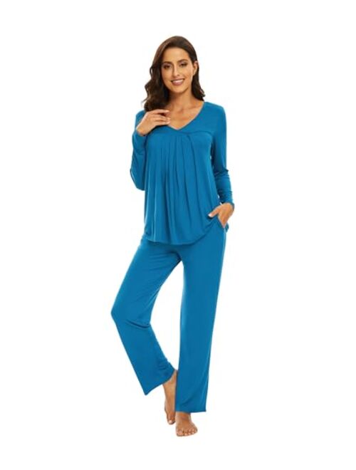 WiWi Women's Bamboo Viscose Pajamas Sets V-neck Pleated Front Sleepwear Soft Long Sleeve Knit Loungewear Set S-XXL