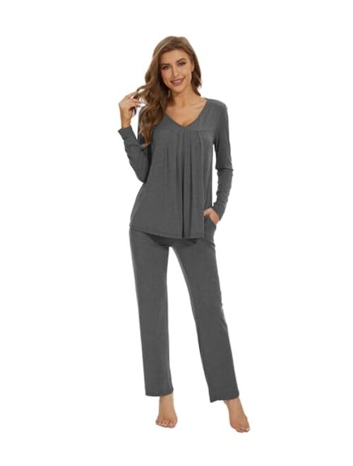 WiWi Women's Bamboo Viscose Pajamas Sets V-neck Pleated Front Sleepwear Soft Long Sleeve Knit Loungewear Set S-XXL