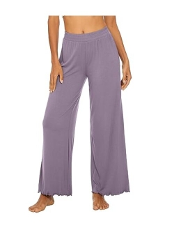 Women's Wide Leg Lounge Pants Bamboo Viscose Casual Loose Pajama Bottoms Ruffle Long Palazzo Sweatpants S-XXL