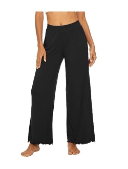 Women's Wide Leg Lounge Pants Bamboo Viscose Casual Loose Pajama Bottoms Ruffle Long Palazzo Sweatpants S-XXL