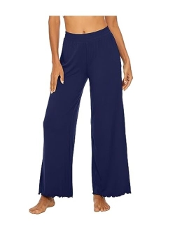 Women's Wide Leg Lounge Pants Bamboo Viscose Casual Loose Pajama Bottoms Ruffle Long Palazzo Sweatpants S-XXL