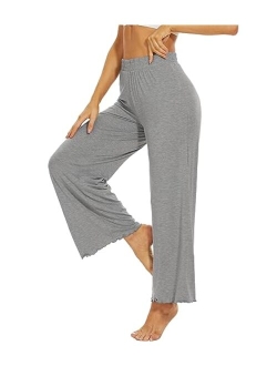 Women's Wide Leg Lounge Pants Bamboo Viscose Casual Loose Pajama Bottoms Ruffle Long Palazzo Sweatpants S-XXL