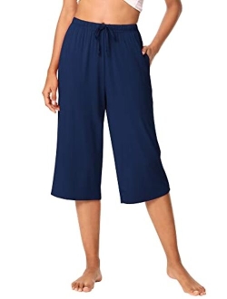 Bamboo Viscose Capri Pants for Women Capris Wide Leg Pajama Bottoms with Pockets Knit Lounge Sleep Pant Drawstring S-XXL