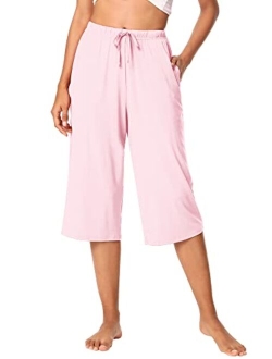 Bamboo Viscose Capri Pants for Women Capris Wide Leg Pajama Bottoms with Pockets Knit Lounge Sleep Pant Drawstring S-XXL