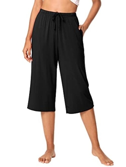 Bamboo Viscose Capri Pants for Women Capris Wide Leg Pajama Bottoms with Pockets Knit Lounge Sleep Pant Drawstring S-XXL