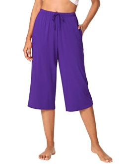 Bamboo Viscose Capri Pants for Women Capris Wide Leg Pajama Bottoms with Pockets Knit Lounge Sleep Pant Drawstring S-XXL