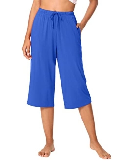 Bamboo Viscose Capri Pants for Women Capris Wide Leg Pajama Bottoms with Pockets Knit Lounge Sleep Pant Drawstring S-XXL